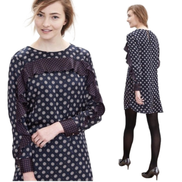 Banana Republic Dresses & Skirts - Banana Republic SILK Foulard Ruffle Blue Dress Long Sleeve Gold Stud Buttons 8